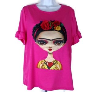 Frida Khalo Top With Applique Flowers W1309